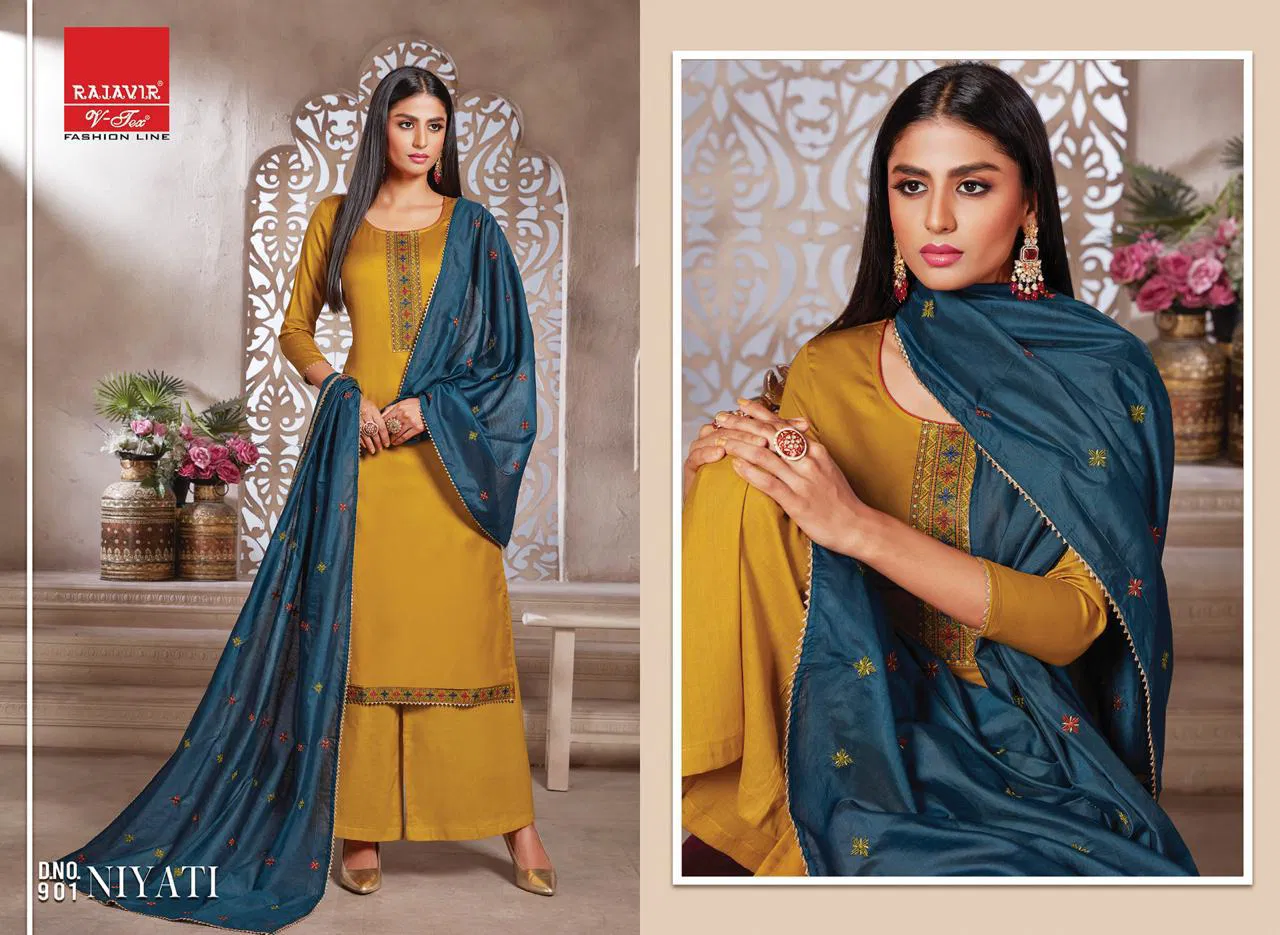 Rajveer Niyati  Pure  Cotton Jam Satin With Embroidery  Latest Fancy Ethnic Wear Designer Dress Material